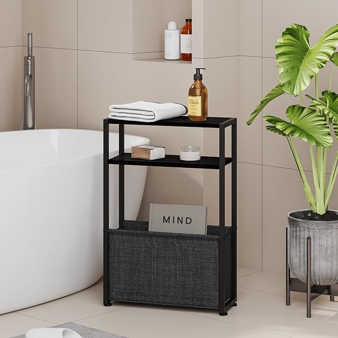 Narrow Side Table, Slim End Tables with Fabric Basket, Skinny Table for Small Spaces, Thin Bedside Table for Living Room, Bedroom (1, Ebony Black + Slate Gray)-Ruum Studio Home