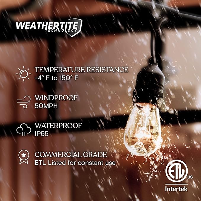 Brightech Ambience Pro Incandescent Outdoor String Lights - Commercial Grade Waterproof Patio Lights with 48 Ft Dimmable Edison Bulbs, Porch String Lights for Patio, Backyard - 15 Bulbs 11W-Ruum Studio Home