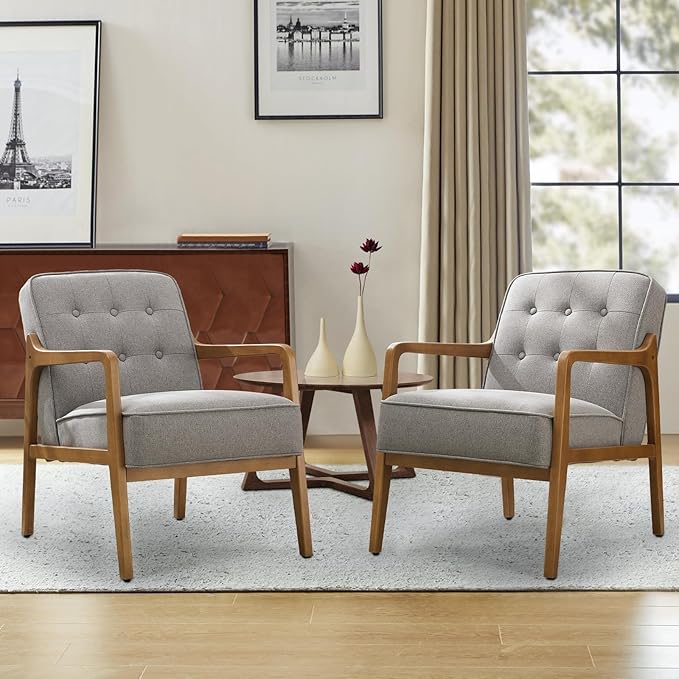 Linen Accent Chair Set of 2, Mid Century Modern Chair for Living Room, Upholstered Comfy Lounge Armchair with Solid Wood Frame, Reading Side Chair for Bedroom,105°Ergonomic Comfort, Grey-Ruum Studio Home