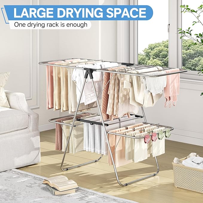 APEXCHASER Clothes Drying Rack with 4 Wings, Drying Rack Clothing with Height-Adjustable, Foldable Gullwings Laundry Drying Rack, Indoor Outdoor Use, No Assembly, Black-Ruum Studio Home