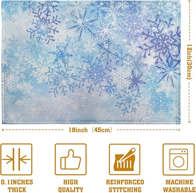 Blue Snowflake Winter Placemats Set of 4 Xmas Snow Place Mat Merry Christmas Linen Fabric Table Mats Washable Heat Resistant Placemat for Farmhouse Kitchen Dining Party Decoration-Ruum Studio Home