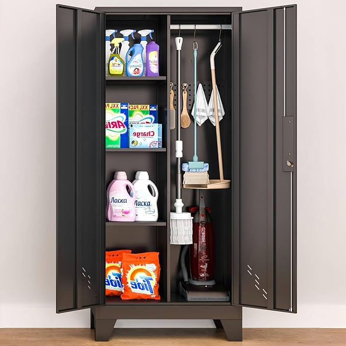 61" H Metal Storage Cabinet, Utility Cabinets with Locking Doors, Laundry Cabinet with Hanging Rod, Garage Tool Storage Cabinets for Home Office, Garage, Bathroom (Black)-Ruum Studio Home