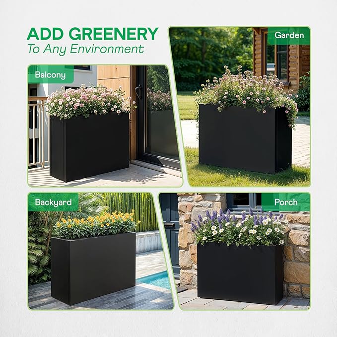 IDZO Metal Planter Box, Privacy Trough for Patio, Rectangle Container for Outdoor Plants, Tall Large Rectangular Steel Bed for Outdoor Greens with Drainage Holes & Adjustable Feet, Black-Ruum Studio Home