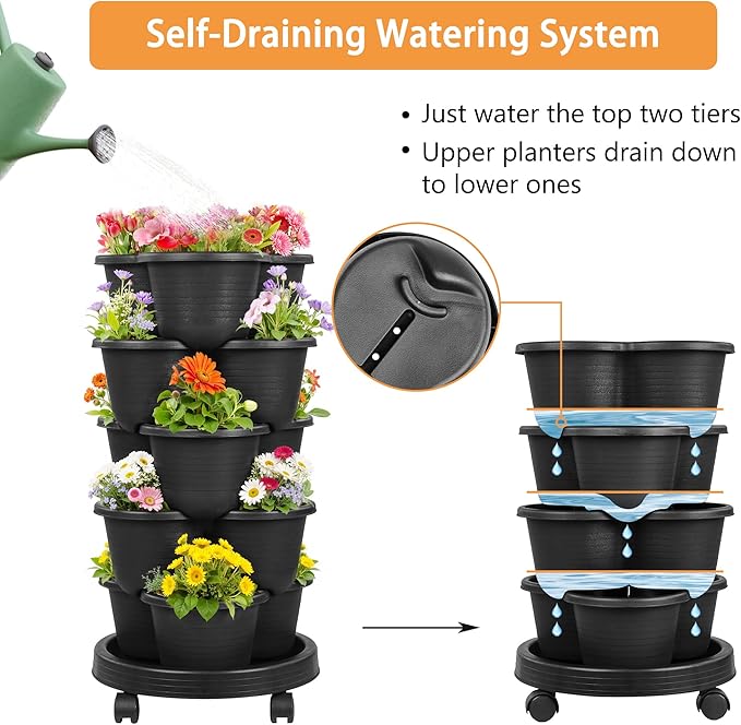 VECELO 5 Tier Vertical Garden Planter, Self Watering Stackable Planters with Wheels for Strawberries, Herbs, Flowers, Vegetables, Black-Ruum Studio Home