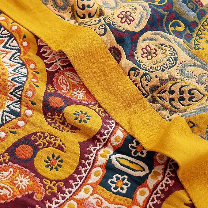Boho Muslin Blanket for Adults 4-Layer Gauze Twin Size Soft Cozy 100% Cotton Summer Cooling Blanket Floral Decor for Sofa Bed Coverlet Both Sides (A Boho Figure Orange, Twin 60 x 80 in)-Ruum Studio Home