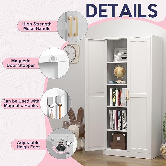 71" Storage Cabinet, Metal Pantry Cabinet, Kitchen Pantry Storage Cabinets with Doors and 4 Shelves, Cabinets for Laundry Room, Living Room, Dinning Room, Assembly Required, White-Ruum Studio Home