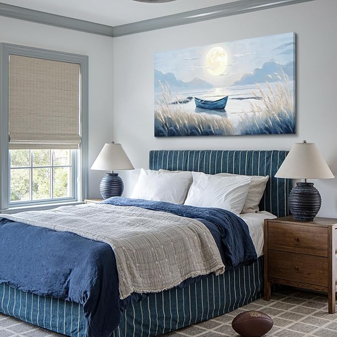 Oversized Large Living Room Wall Art, Blue Wall Decor for Bedroom, Modern Nautical Ocean Beach Seascape Nature Picture Sailboat Moon Lake Mountain Canvas Print Relaxing Serene Coastal Rustic Artwork-Ruum Studio Home
