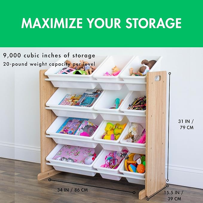 Humble Crew Kids Toy Storage Organizer with 12 Plastic Bins, Natural Wood/White – Removable Bins for Playroom, Bedroom, Toddler Furniture for Boys and Girls Ages-Ruum Studio Home