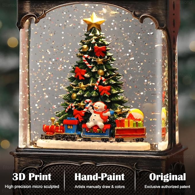 Christmas Tree Snow Globe Lantern Christmas Decorations Gifts Auto Snowfall Glitter Music Collection Snowman Train Candy Cane with 6H Timer USB/Battery Powered 10.2 inch-Ruum Studio Home