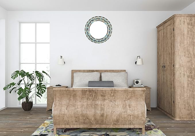 Mosaic Mirror, Wall Art Décor – Handcrafted Decorative Wall Mirror, Light and Navy Blue, Brown, Gray, and Black Round Mosaic-Ruum Studio Home