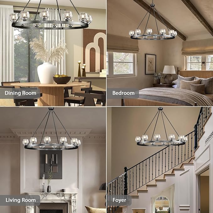 Black Wagon Wheel Chandelier, 48 Inch Black Chandeliers with Unique Glass Shade, 12-Light Crystal Large Wagon Wheel Chandeliers for Dining Room, High Ceiling Round Chandelier for Living Room, Foyer-Ruum Studio Home