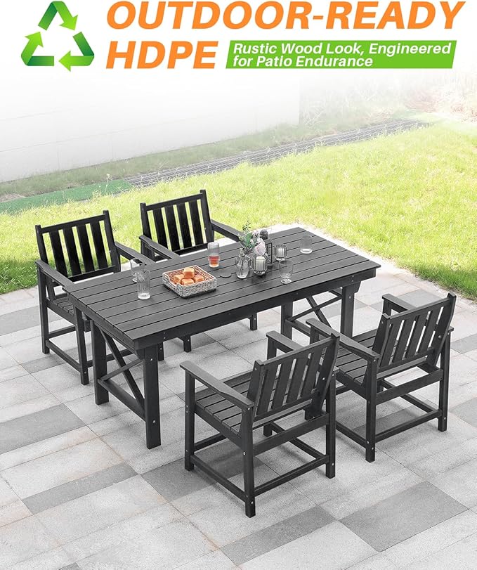 HDPE Patio Dining Set, 5-Piece Outdoor Table and Chairs with Umbrella Hole, Modern Outdoor Dining Set for 4, HDPE Outdoor Patio Furniture Dining Sets for Deck, Poolside, Porch, Obsidian-Ruum Studio Home