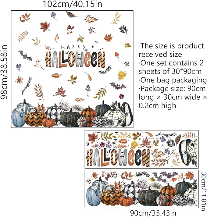 clothmile 40.15 x 38.58 Inch Happy Halloween Pumpkins Wall Decals Halloween Leaves Bat Spider Wall Stickers Halloween Removable Wall Sticker for Halloween Party Supplies Home Wall Decor-Ruum Studio Home