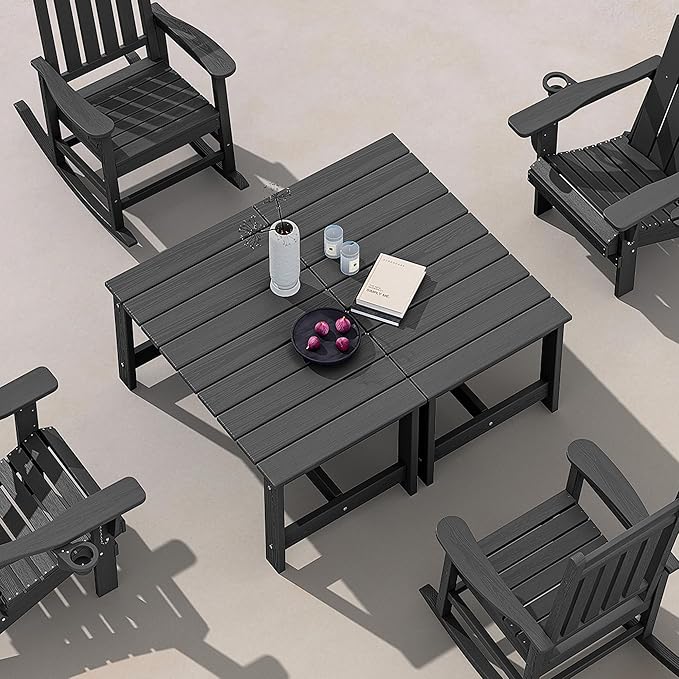 SERWALL Patio Coffee Table, HDPE Rectangle Outdoor Coffee Table Set of 2, Black-Ruum Studio Home