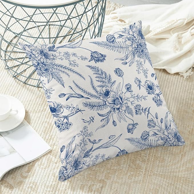 CXMEIFLY Spring Floral Leaves Pillow Covers 18 x 18 Inch Set of 2 for Chinoiserie Flowers Decor Throw Pillows Blue and White Seasonal Plant Outdoor Decorative Cushion Cases for Couch Bed Decorations-Ruum Studio Home