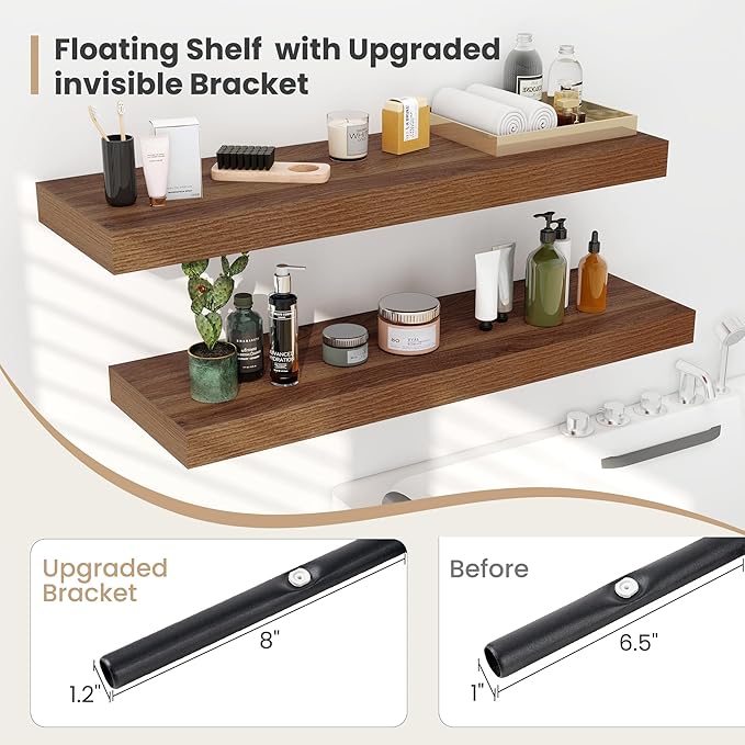 Heimlove 24 x 12 Inch Deep Floating Shelves Wall Mounted with Invisible Brackets,Storage Hanging Shelf for Wall Decor in Bathroom, Bedroom, Toilet, Kitchen, Living Room, Office Set of 2 (Walnut)-Ruum Studio Home