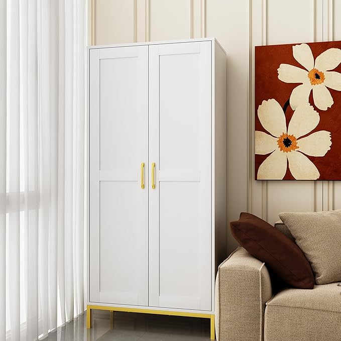 Tall Storage Cabinet, Kitchen Pantry Cabinet with 2 Doors & Adjustable Shelves for Laundry Room, Living Room, Entryway,Bathroom,White-Ruum Studio Home