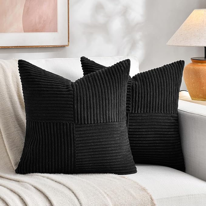 Fancy Homi 2 Packs Black Decorative Throw Pillow Covers 16x16 Inch for Living Room Couch Bed Sofa, Rustic Farmhouse Boho Home Decor, Soft Corss Patchwork Corduroy Textured Square Cushion Case 40x40 cm-Ruum Studio Home