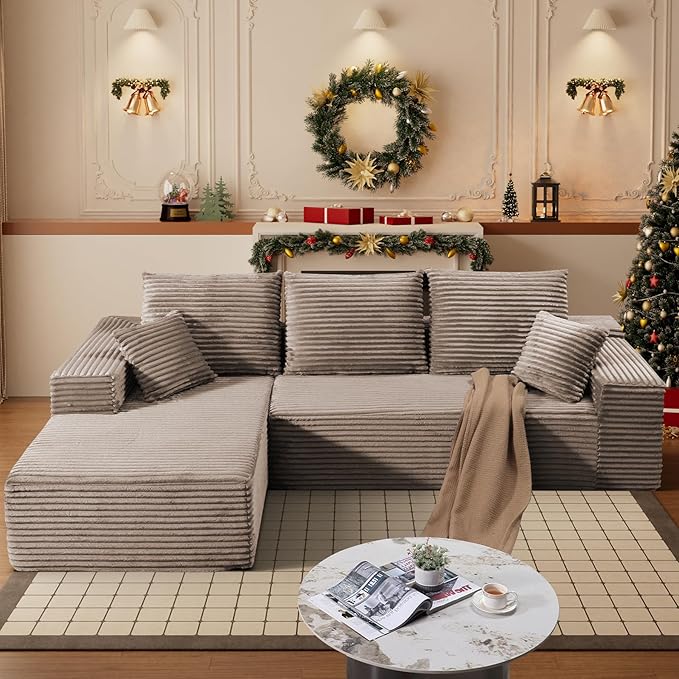 HYJT-H&K Modular Sectional Sofa Cloud Couch, 107" Comfy L Shaped Sectional Couches for Living Room, Deep Seat Memory Foam Plush Fluffy Corduroy Boneless Couch Sectionals Left Facing Sofa Chaise Brown-Ruum Studio Home