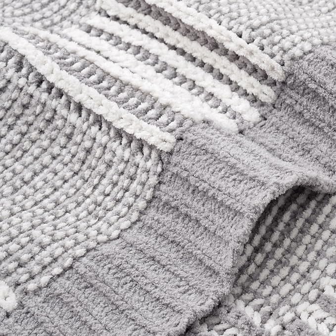 Amélie Home Chenille Knit Throw Blanket for Couch, Checkered Texture Decorative Soft Blanket for Sofa, Bed & Living Room, 50"x60", Grey & White-Ruum Studio Home
