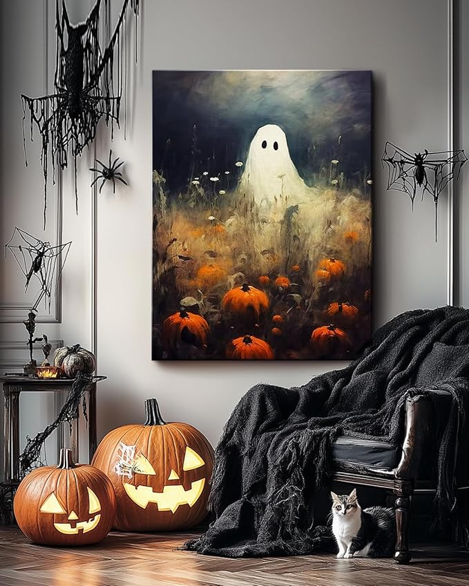Halloween Canvas Wall Art, Spooky Ghost in Pumpkin Patch Poster, Vintage Gothic Fall Decor, Dark Academia Fall Decor for Living Room, Framed Indoor Halloween Decorations-Ruum Studio Home