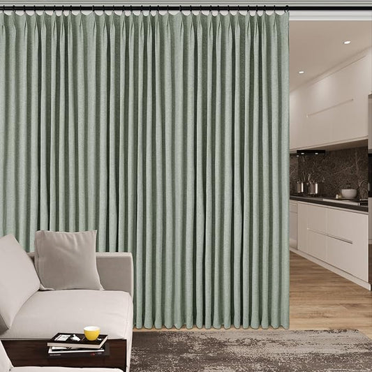 Extra Wide 100% Blackout Linen Textured Curtains - Room Dividers, W200 x L96 (1 Panel), Pinch Pleat Drapes for Living Room, Full Light Block Out Drapery for Sliding Door, Fog Green