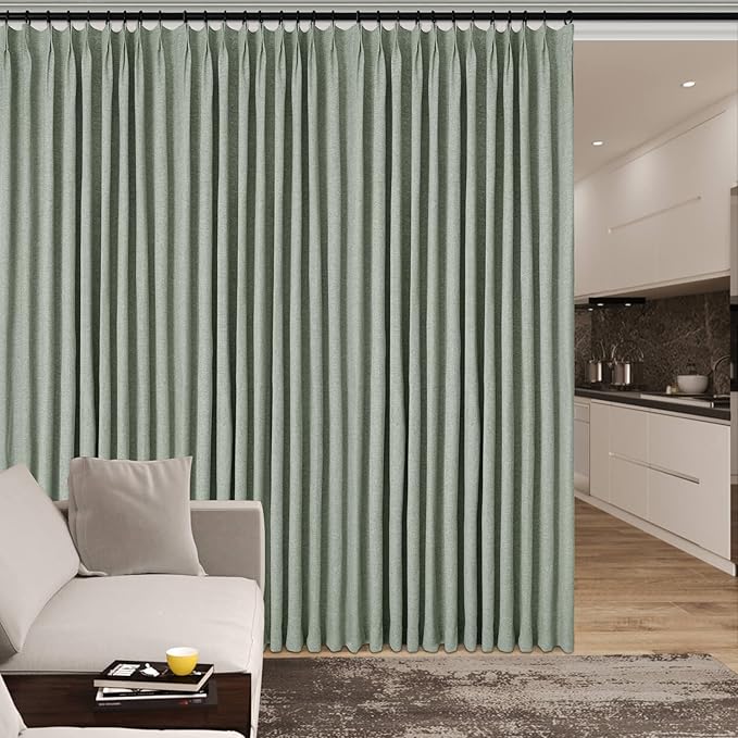 120" Wx96 L Linen Room Divider Drapes for Doorway/Glass Window/Sliding Door/Patio, Extra Wide Pinch Pleated Full Blackout Curtains for Girls Boys Teen Kids Room, 1 Panel, Fog Green-Ruum Studio Home