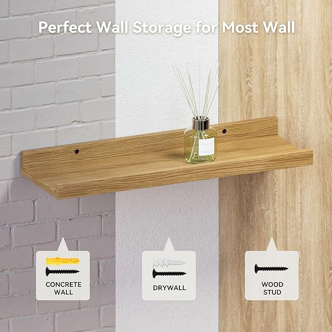 RICHER HOUSE 5 Set Floating Shelves for Wall Decor, Wall Mounted Book Shelf, Nursery Shelves Picture Ledge Shelf with Lip for Wall Storage, Bedroom, Living Room, Bathroom - Oak-Ruum Studio Home