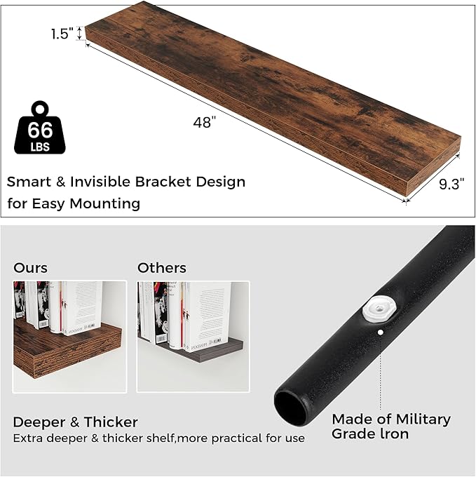 Floating Shelves - 2 Large Wall Mounted Shelves with Invisible Brackets, Long Wood Floating Wall Shelf for Living Room, Bedroom, Kitchen (Brown, 48" W x 9" D x 1.5" H)-Ruum Studio Home