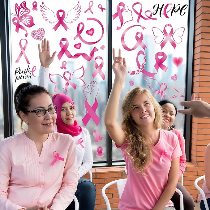 9 Sheets Breast Cancer Awareness Window Clings, 77 Kinds of Pink Window PVC Stickers for Pink Ribbon Decorations, Hope Fight Cancer Theme Windows Decals for Glass Home Decor Supplies-Ruum Studio Home