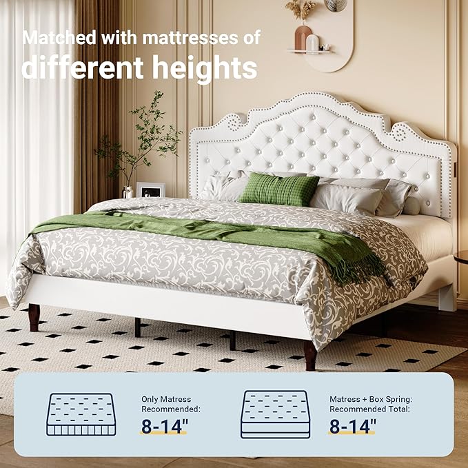 Allewie King Bed Frame with Adjustable Velvet Tiara Headboard, Upholstered Diamond Button Tufted Platform Bed, Wood Slats Support, No Box Spring Needed, Mattress Foundation, Easy Assembly, White-Ruum Studio Home