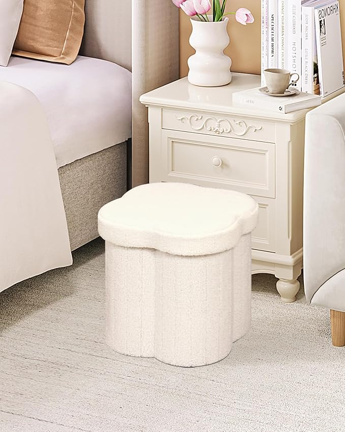 B FSOBEIIALEO Storage Ottoman Cube, Flowers Shaped Ottomans with Storage Foot Stool Footrest for Lving Room, Boucle Ottoman Seat for Dorm Room,Faux Teddy Fur, Cream White 12.6"x12.6"x12.6"-Ruum Studio Home