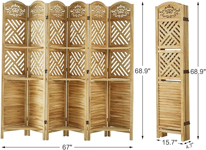 Room Divider with Shelves, 68.9inch Wood Carved and Louvered Wall Divider Freestanding, 6 Panels Folding Partition Screen for Bedroom Home Office (Natural)-Ruum Studio Home