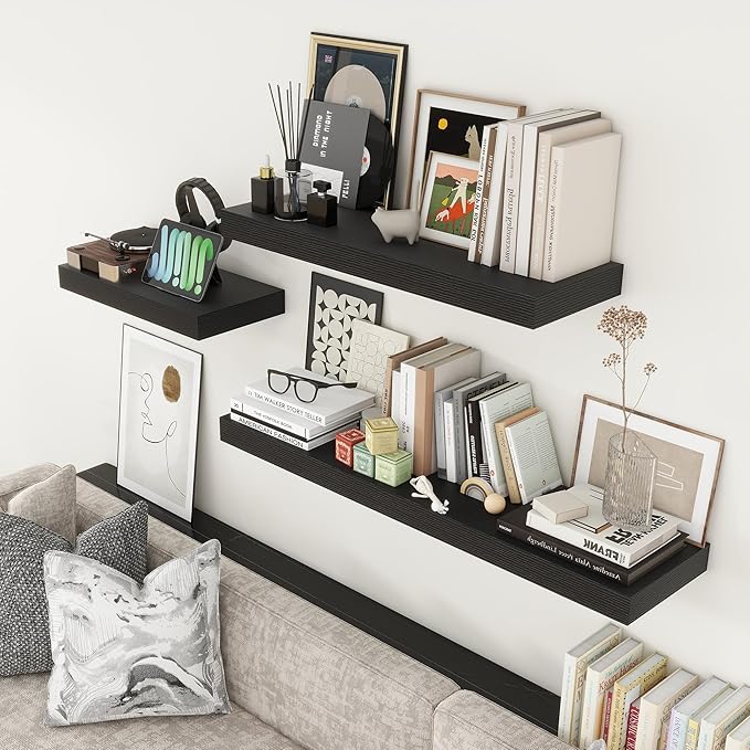Deep Floating Shelves for Wall, 24W x 12D Black Floating Shelves Set of 2, 12'' Deep Large Wood Shelves for Living Room Bathroom Laundry Room Bedroom Kitchen Home Office - Black-Ruum Studio Home