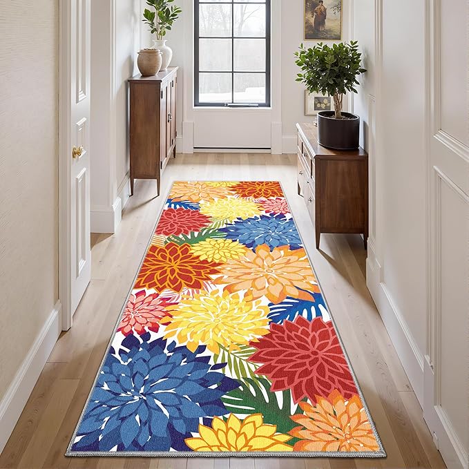 Area Rug 2x6 Washable Entry Rug Multicolored Tropical Botanical Modern Floral Indoor Kitchen Door Mat Entrance Carpet Non Slip for Bedroom Living Room, Porch-Ruum Studio Home