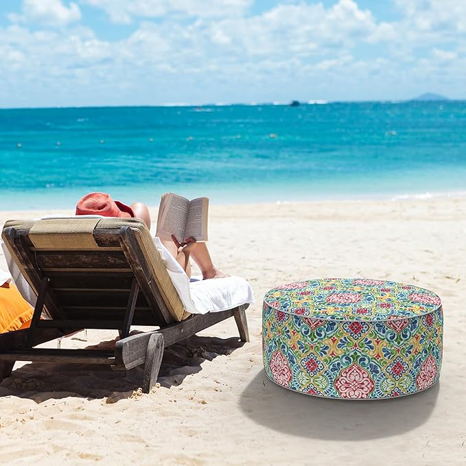 LVTXIII Indoor/Outdoor Inflatable Ottoman, D31 x H14 Inch Large Round Ottoman, All Weather Foot Rest Stool, Portable Footrest for Patio, Garden, Camping and Home - Damask Red-Ruum Studio Home