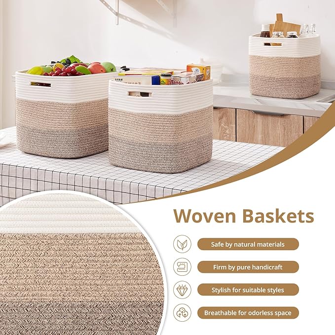 OIAHOMY 13 Kallax Inch Cube Storage Bins, 3-Pack Cotton Rope Woven Baskets for Organizing, Kallax Insert Storage Baskets for Shelves, Baby Nursery, Closet Organizer, 13*13*12.6IN, Gradient Brown-Ruum Studio Home