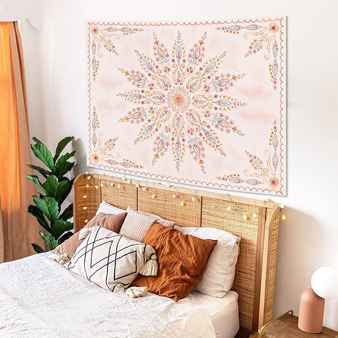 Fowocu Boho Floral Mandala Tapestry for Bedroom Aesthetic Pink Bohemian Flower Wall Tapestry Watercolor Hippie Indian Small Tapestries Wall Hanging for Living Room Dorm Decor 40 x 30 Inch-Ruum Studio Home