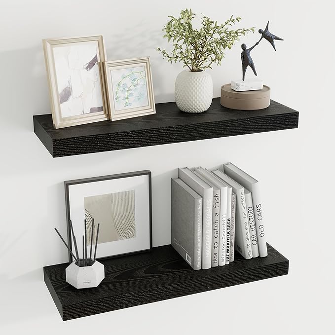 24 inch Floating Shelves Long Floating Shelves for Wall Large Wall Mounted Shelves with Invisible Brackets, Black Shelves for Bathroom, Living Room, Kitchen, Office, 24x6.7 inch deep Set of 2-Ruum Studio Home