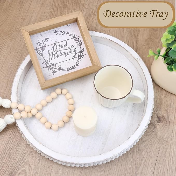 Round Wood Serving Tray with Beads, White Washed Wooden Decorative Tray for Entertaining, Decoration, and Gifting-Ruum Studio Home