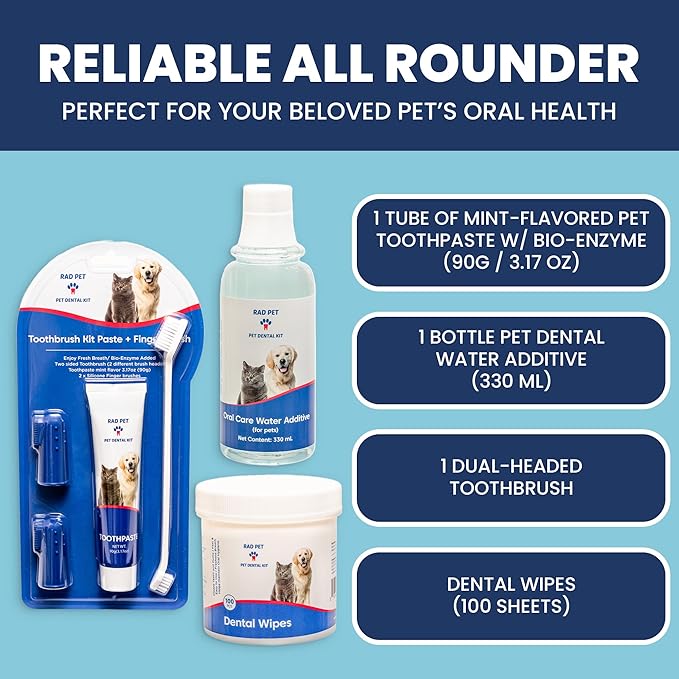 RAD PET - Advanced Pet Dental Hygiene Kit, Vet-Formulated Cat & Dog Tooth Brushing Kit, Complete Oral Care with Cat/Dog Toothbrush and Toothpaste (Enzymatic), Pet Dental Wipes & Water Additive-Ruum Studio Home