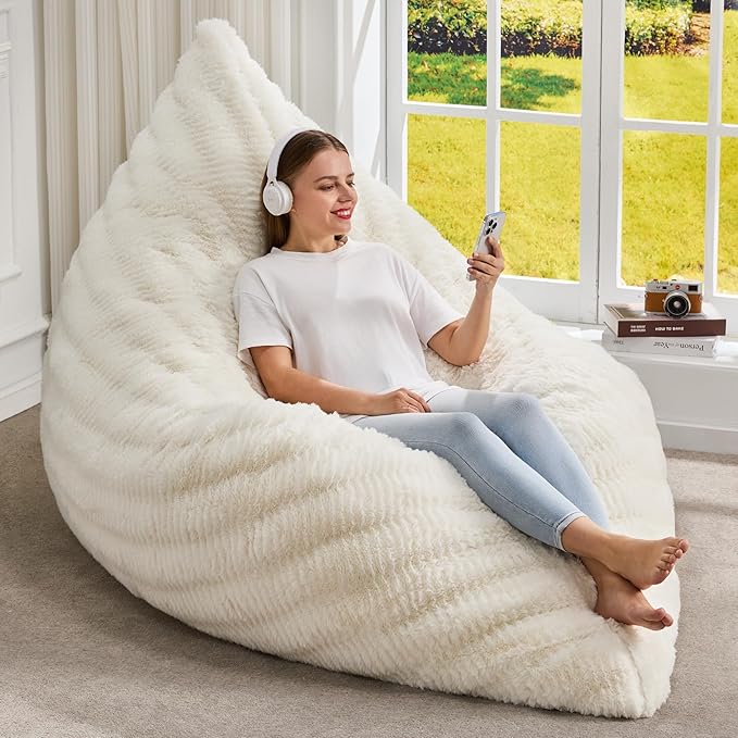 Hobestluk 3 in 1 Bean Bag Chair Giant Bean Bag Chairs for Adults with Ripple Cover Convertible Bean Bag Floor Cushion with Machine Washable Cover for Living Room (Ripple White)-Ruum Studio Home