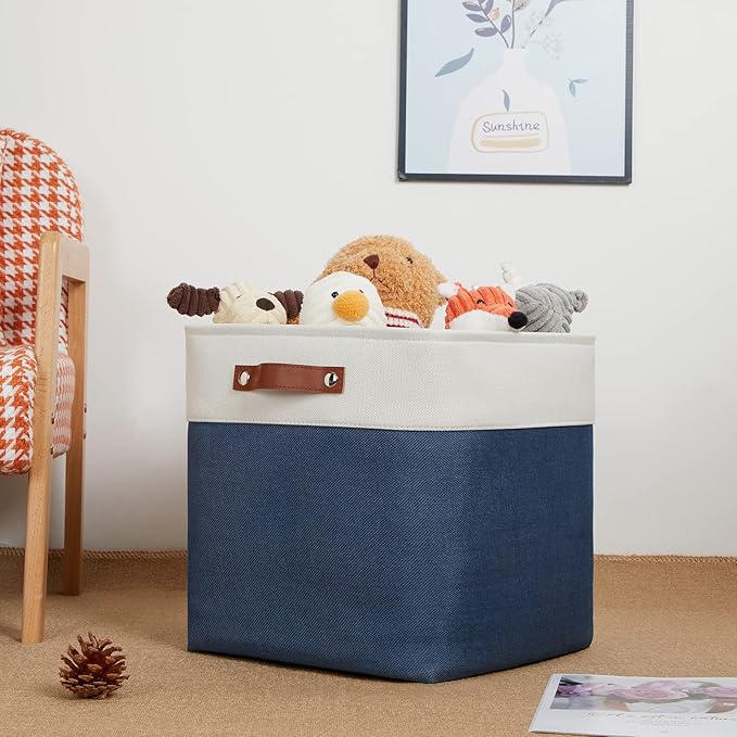DULLEMELO Storage Baskets for Shelves Closet Storage,Large Home Organization Bins for Gifts Empty,Foldable Fabric Storage Cubes Baskets for Nursery Toy Towels Clothes Storage(White&Blue)-Ruum Studio Home