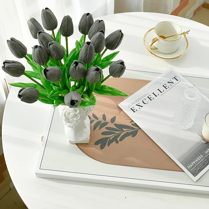 Mandy's Artificial Tulips 20 Stems Dark Grey PU Faux Flowers for Wedding Home Decor 13.5 Inch-Ruum Studio Home