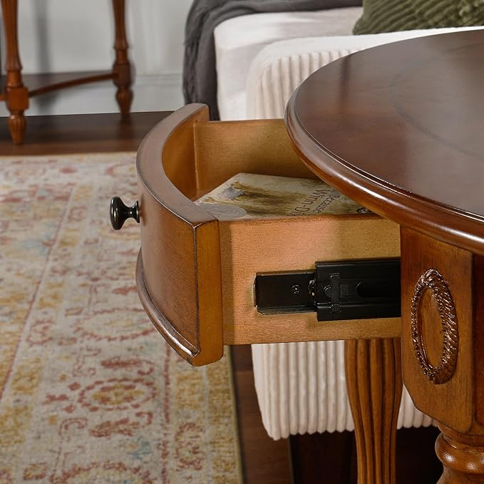Solid Wood End Table with Drawer and Storage Shelf, Oval Sofa Side Table with Carved Legs, Living Room Corner Table, Large Beside Table, Elegant Vintage, No-Tools Assembly, Caramel Brown CJZ1533MG-Ruum Studio Home
