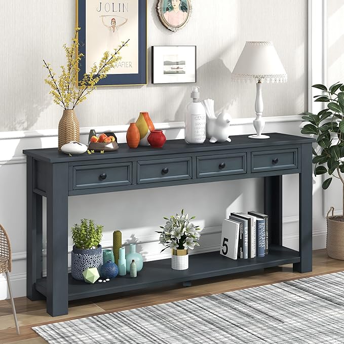 Solid Wood Console Table, Long Sofa Table Entryway Table with 4 Drawers and Bottom Shelf for Hallway Living Room Couch Table,Fully Assembled (63" Navy)-Ruum Studio Home