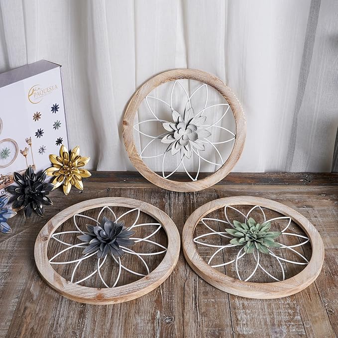 Paquesta 3 Piece Round Farmhouse Wall Decor with 6 Piece Interchangeable Flowers 12'' Medallion Wood & Metal Rustic Wall Art for Living Room Bedroom Kitchen Bathroom Dining Room Home Decorations-Ruum Studio Home