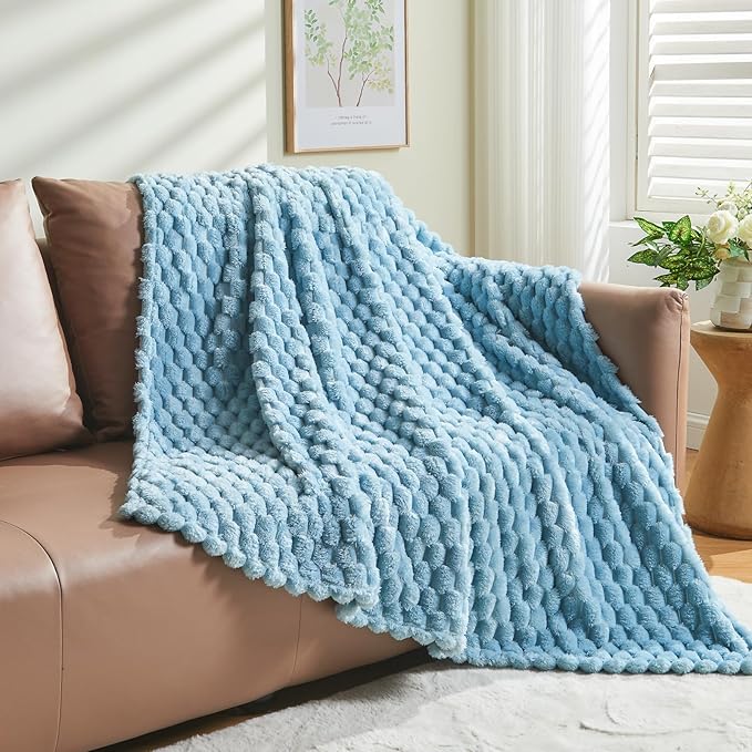 NEWCOSPLAY Super Soft Twin Blanket Blue Premium Silky Flannel Fleece 3D Clouds Stylish Jacquard Lightweight Bed Blanket All Season Use 350GSM (Blue, Twin(60"x80"))-Ruum Studio Home