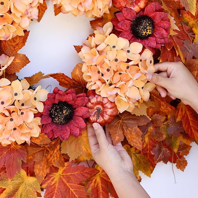 28'' Large Fall Wreath for Front Door, Porch, Window- Artificial Maple Leaves Faux Sunflower Hydrangea Pumpkins Outdoor Autumn Wreath for Home, Farmhouse Wall Thanksgiving Day Harvest Festival Decor-Ruum Studio Home