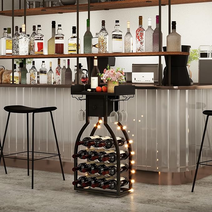 IBUYKE Wine Rack Freestanding Floor,Wine Storage 15 Bottles Bottle Rack with Glass Holders, Mini Bar Wine Cabinet with Storage Drawer for Home Bar Kitchen Dining Room,Black,UTMJ908B-Ruum Studio Home
